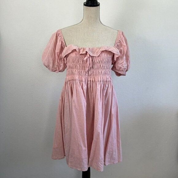 R.Vivimos Baby Pink Swiss Dot Cotton Puff Sleeve Ruffled Swing Mini Dress XL NWT - Picture 2 of 10